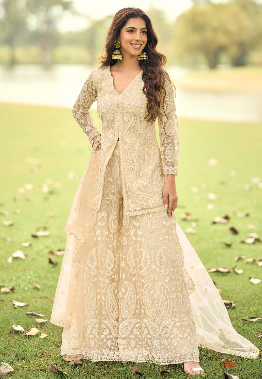 Beige Net Embroidered Pakistani Suit 323498