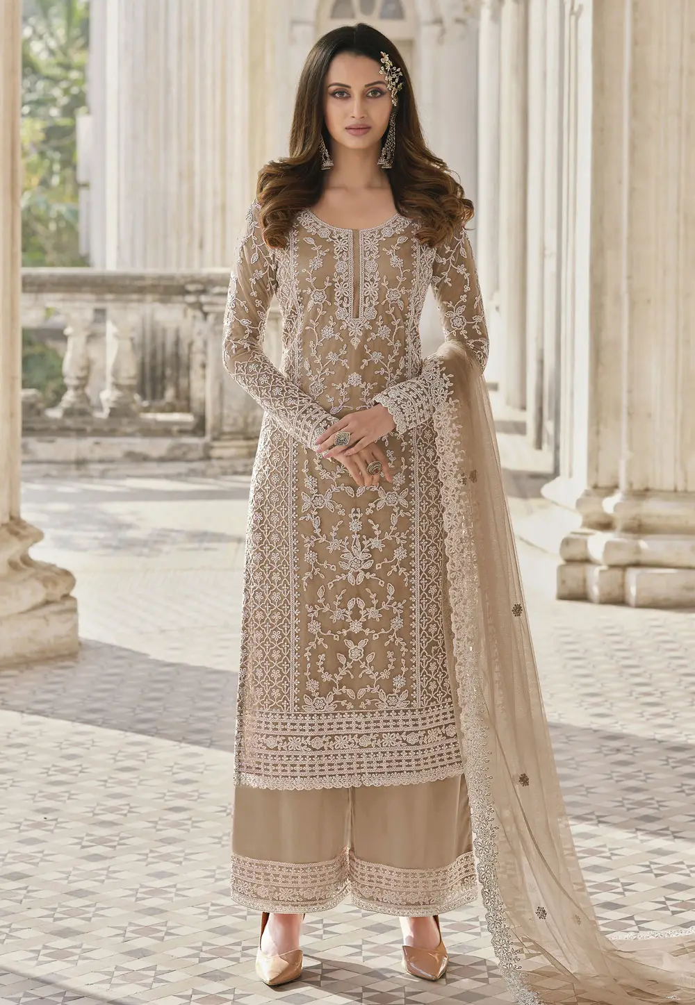 Beige Net Embroidered Pakistani Suit 334489