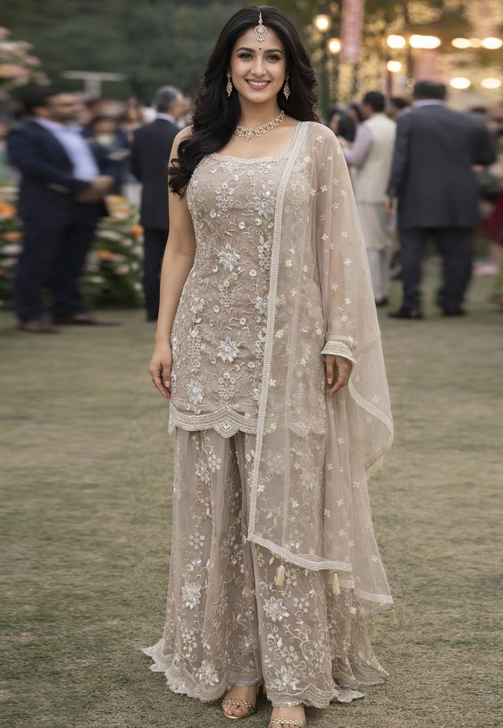 Beige Net Embroidered Palazzo Suit 326970