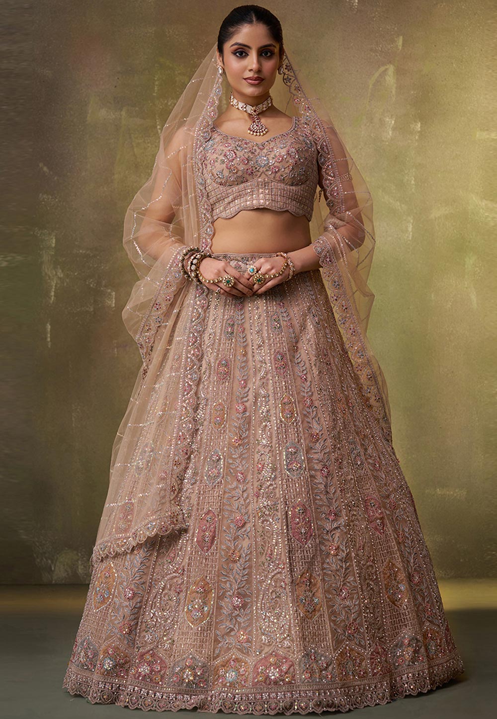 Beige Net Lehenga Choli 320979