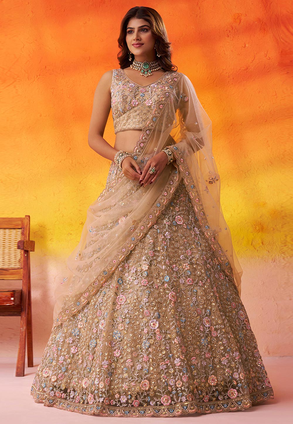 Beige Net Lehenga Choli 320983