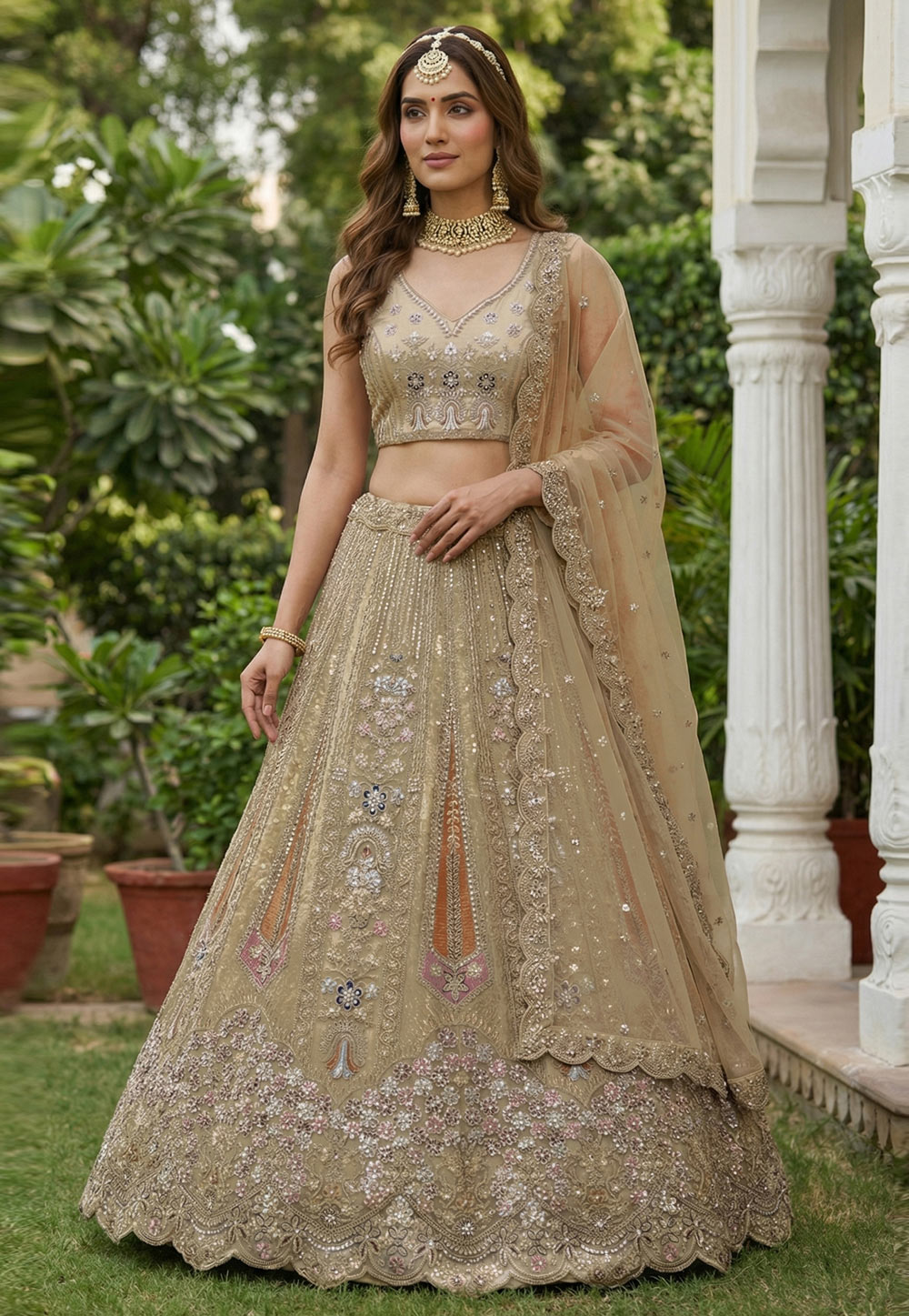 Beige Net Lehenga Choli 321000