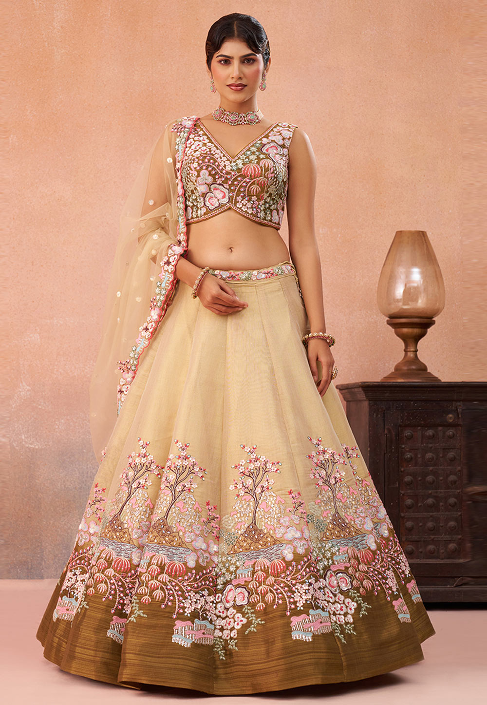 Beige Net Lehenga Choli 326138