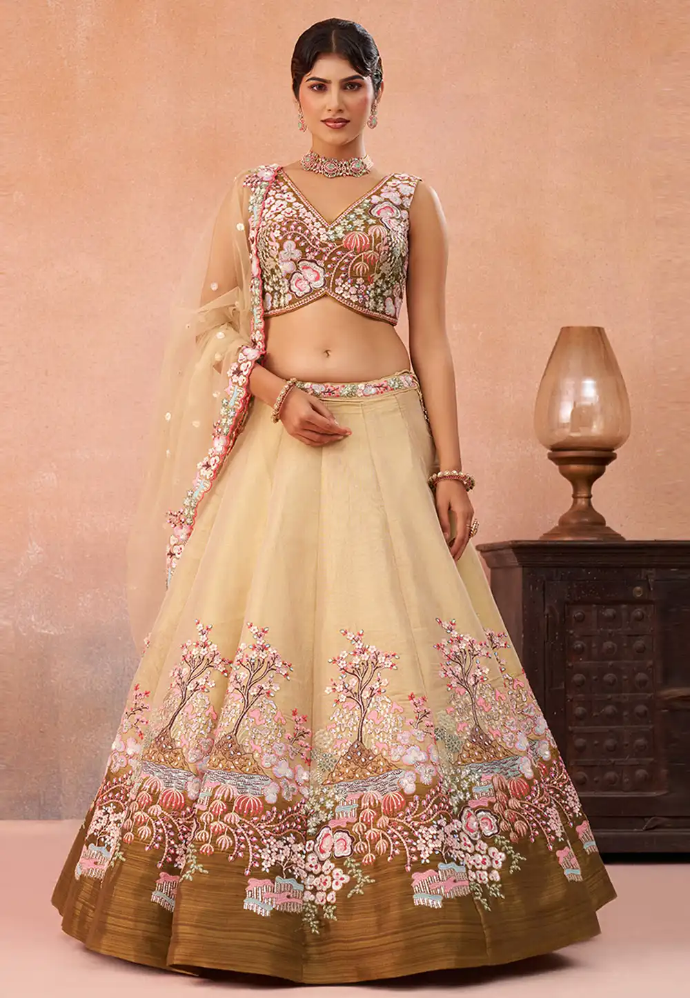 Beige Net Lehenga Choli 326138