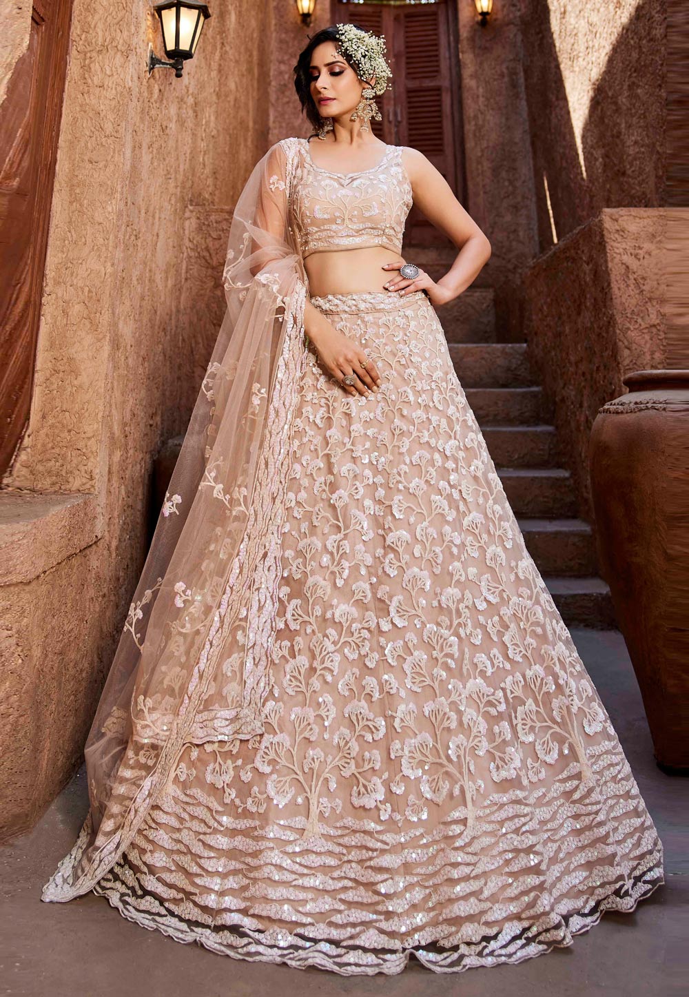 Beige Net Lehenga Choli For Wedding 306642