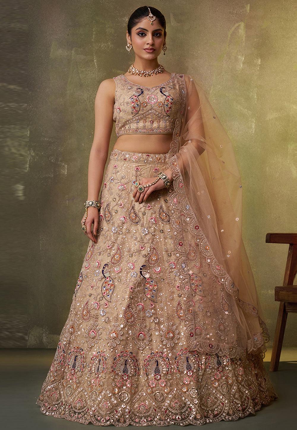 Beige Net Lehenga Choli For Wedding 320986