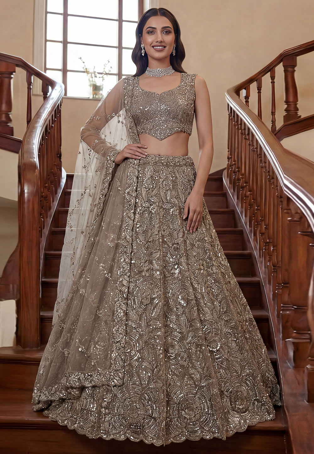 Beige Net Lehenga Choli For Wedding 324417