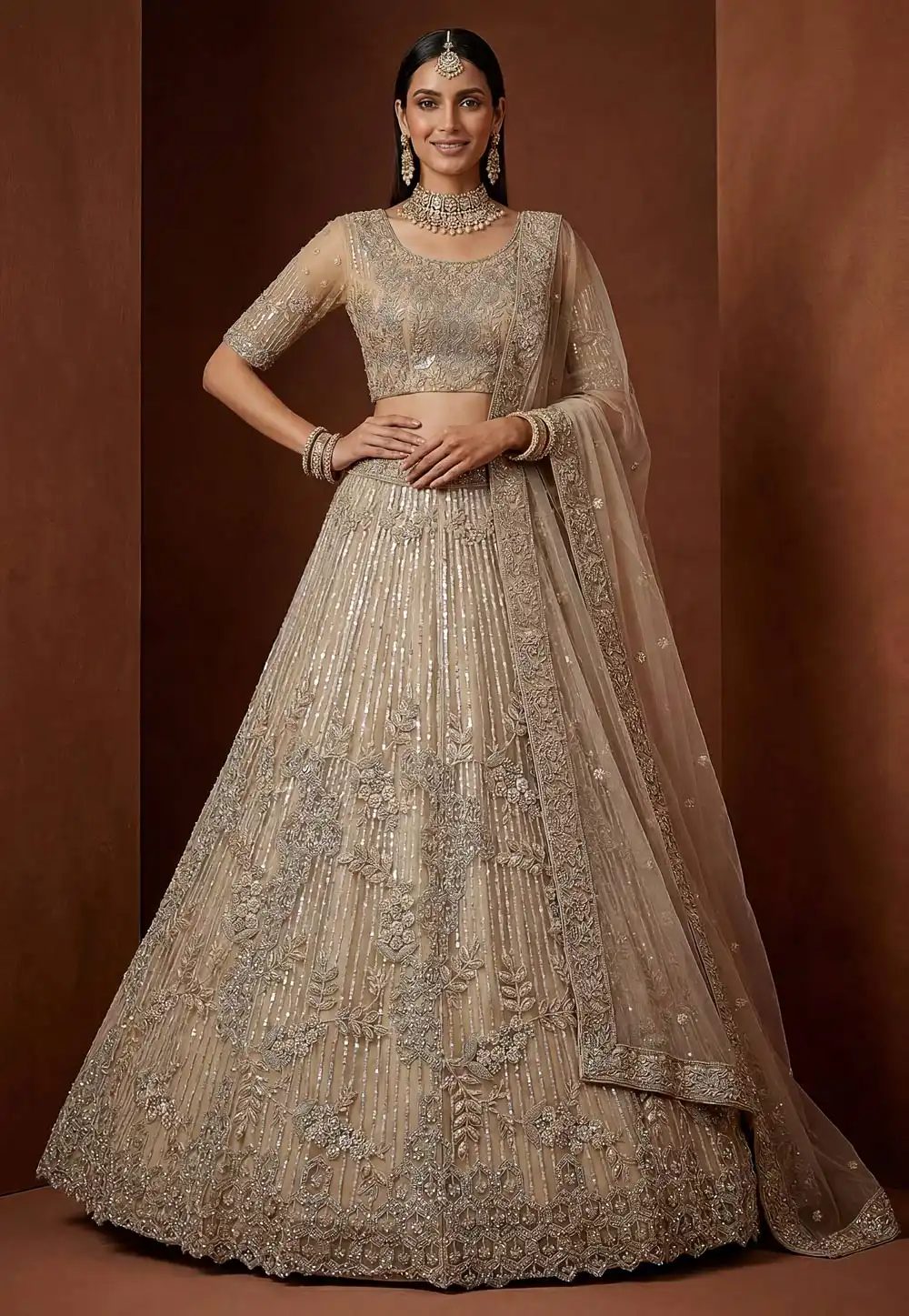 Beige Net Lehenga Choli For Wedding 328230