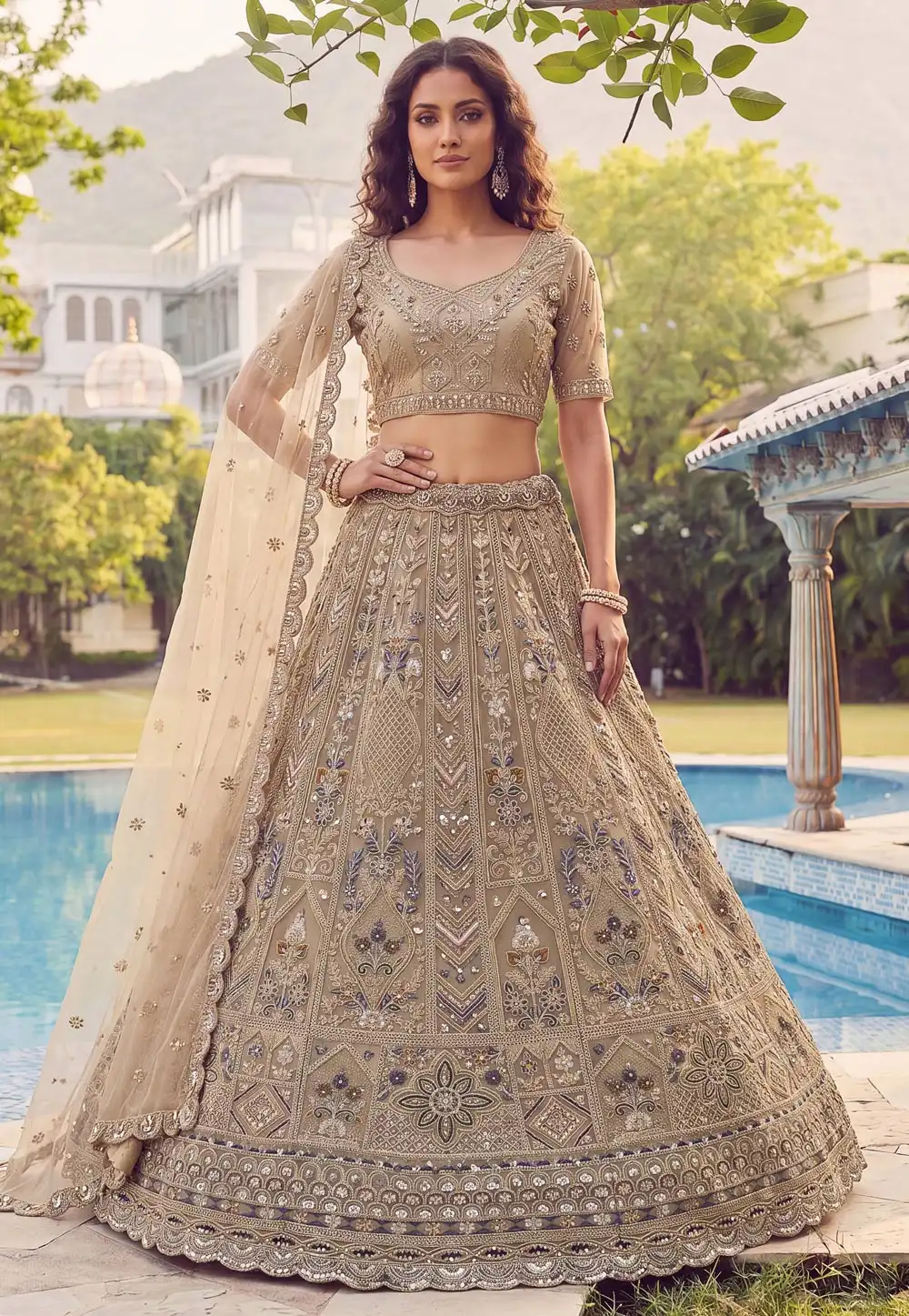 Beige Net Lehenga Choli For Wedding 329120