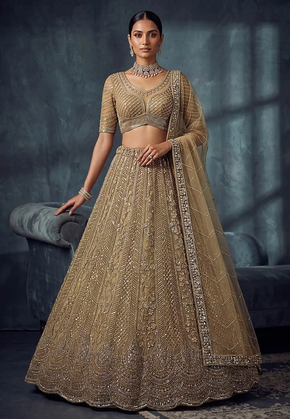 Beige Net Lehenga Choli For Wedding 331188