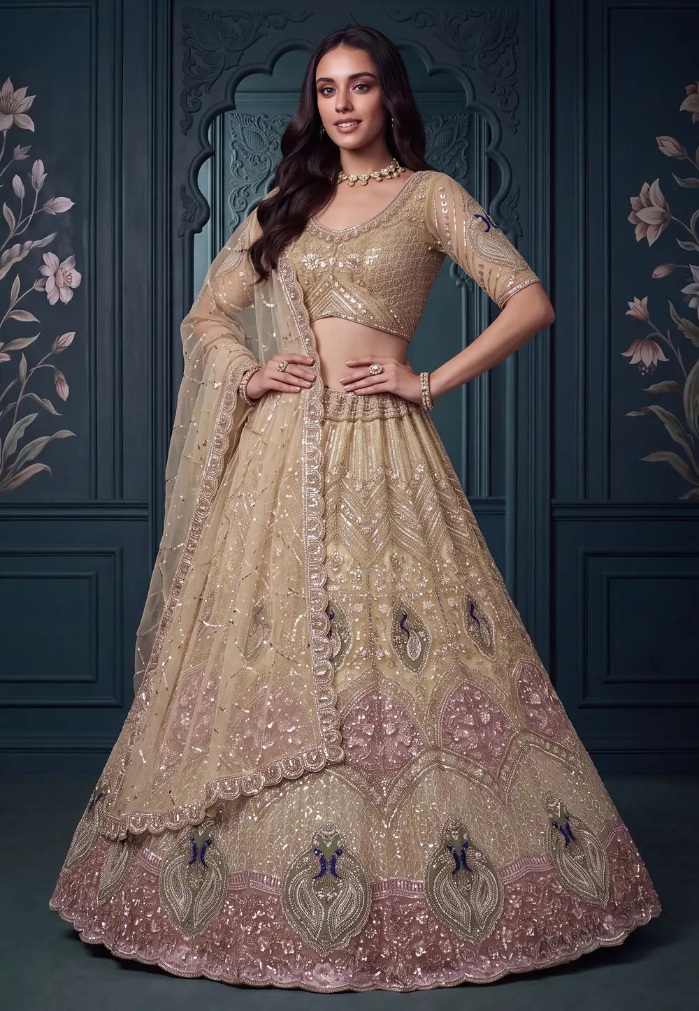 Beige Net Lehenga Choli For Wedding 335684
