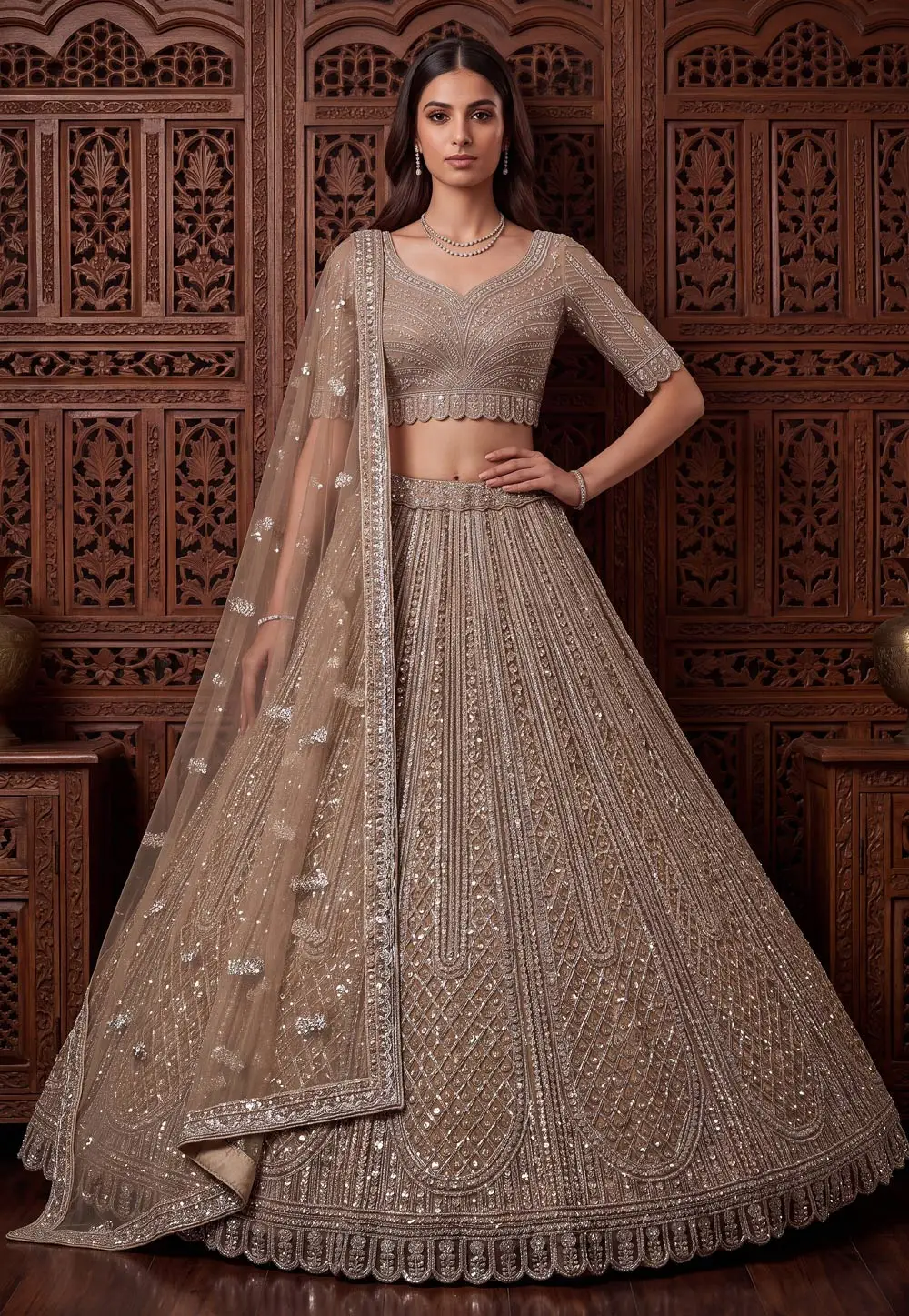 Beige Net Lehenga Choli For Wedding 336113