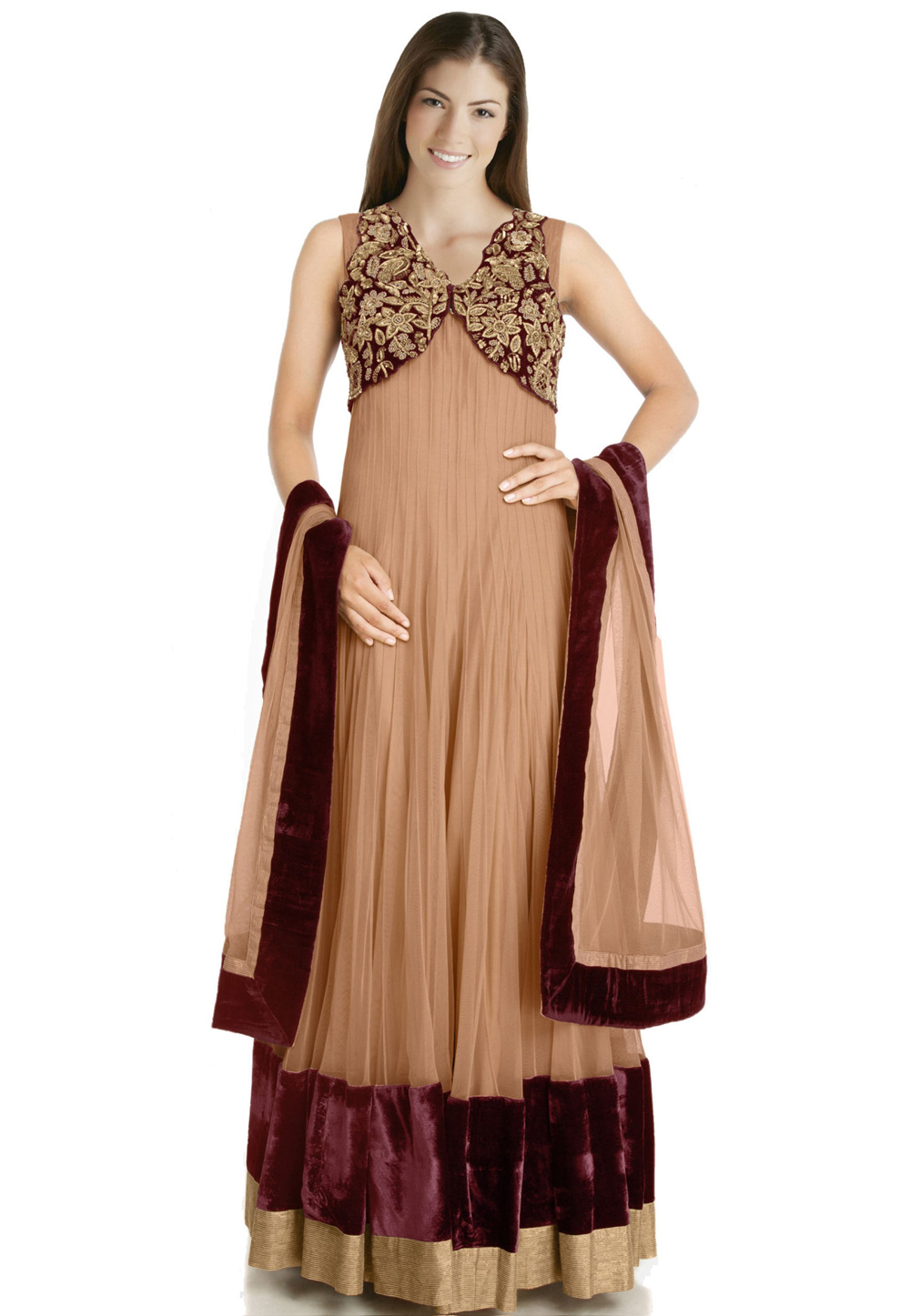 Beige Net Readymade Anarkali Suit 322194