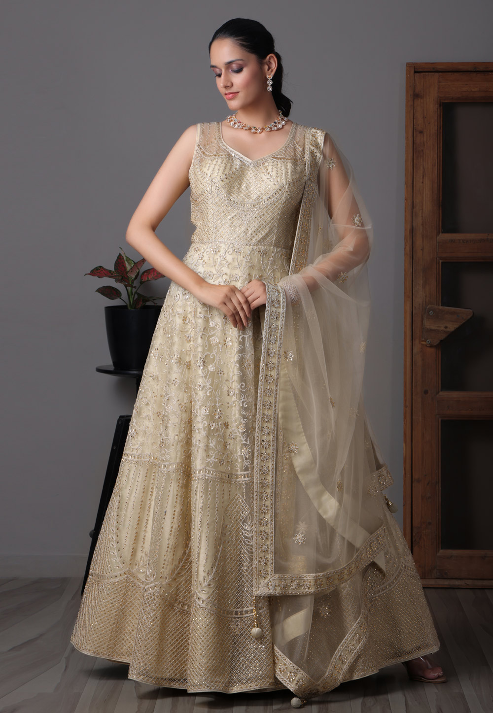 Beige Net Readymade Long Anarkali Suit 307562