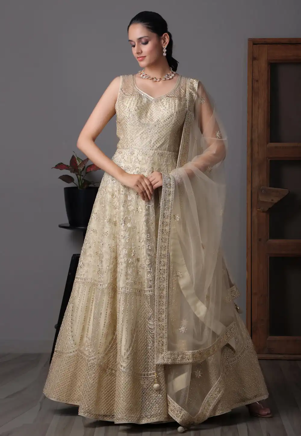 Beige Net Readymade Long Anarkali Suit 307562