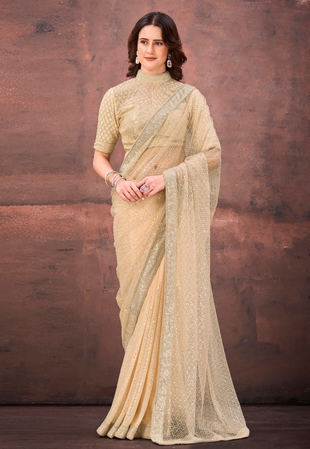 Beige Net Saree With Blouse 320326