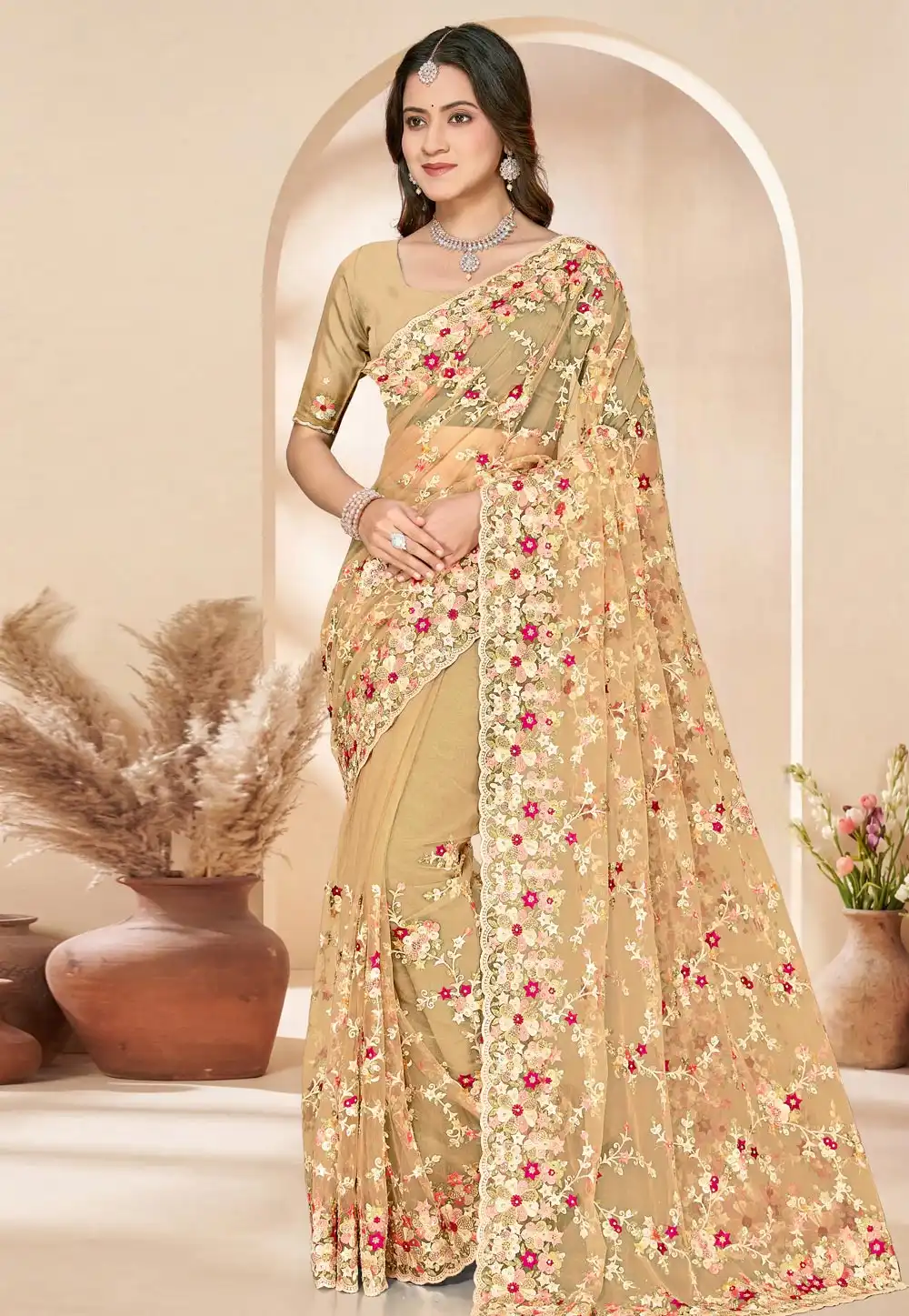 Beige Net Saree With Blouse 324913