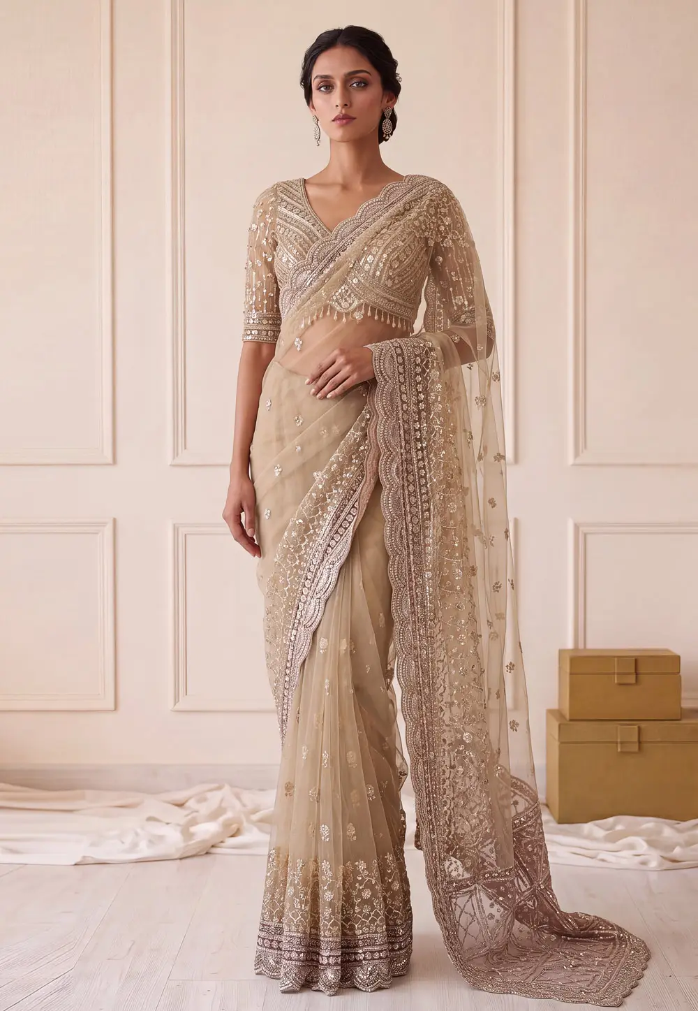Beige Net Saree With Blouse 337130