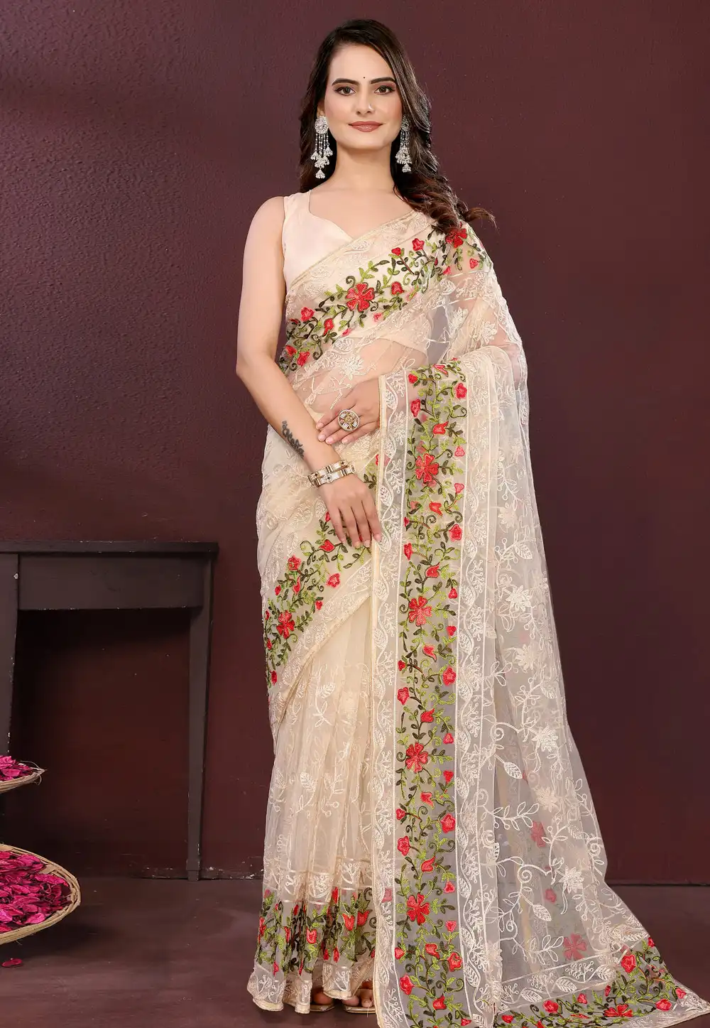 Beige Net Saree With Blouse 316714