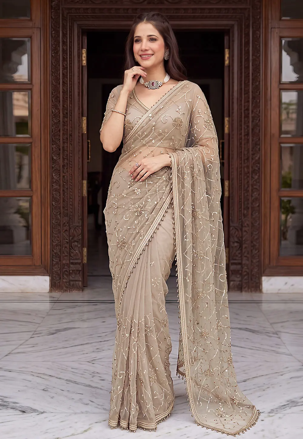 Beige Net Saree With Blouse 331759