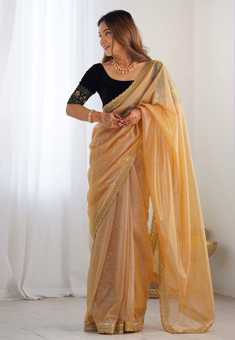 Beige Net Saree With Blouse 312272