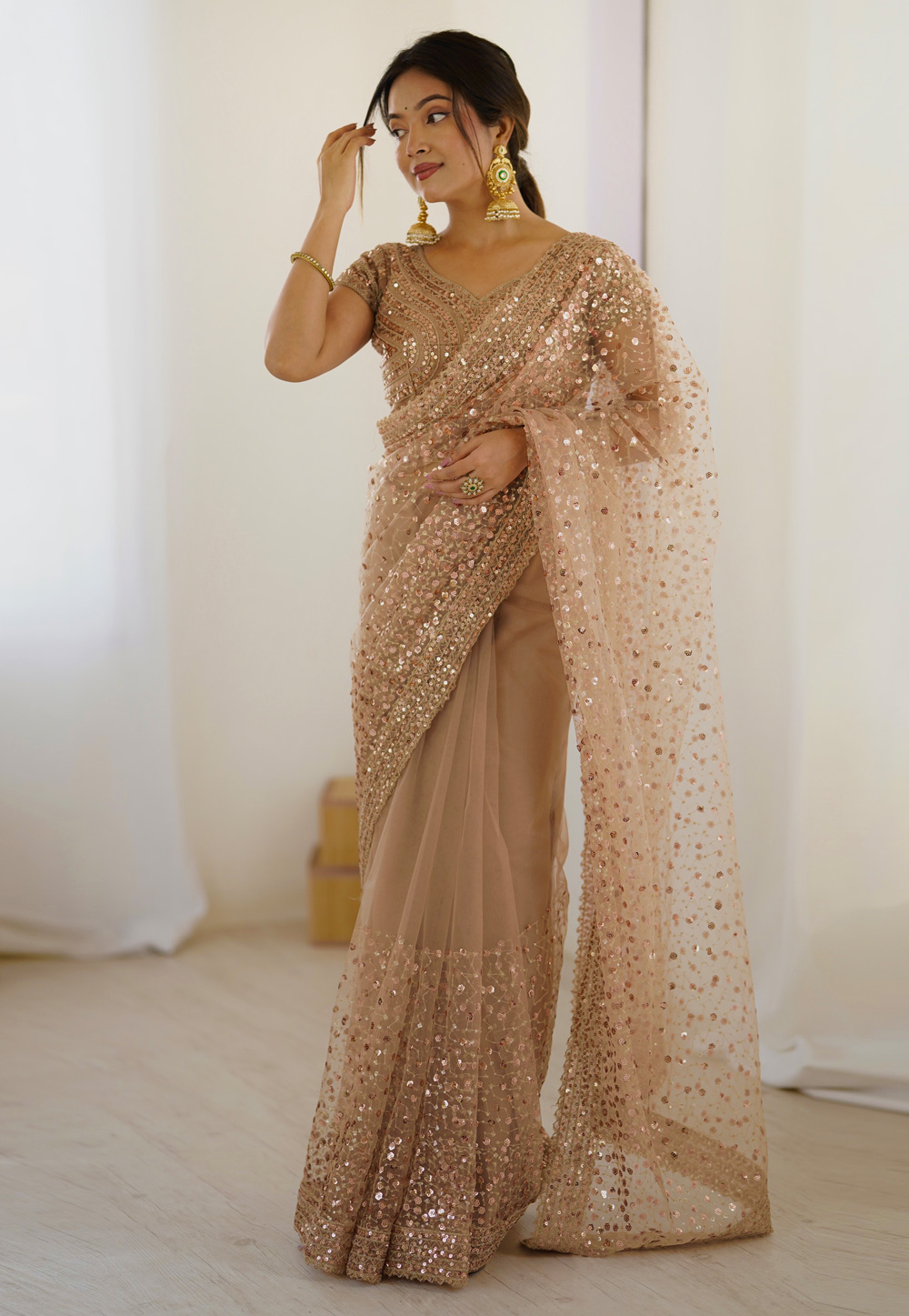 Beige Net Sequence Saree 311355