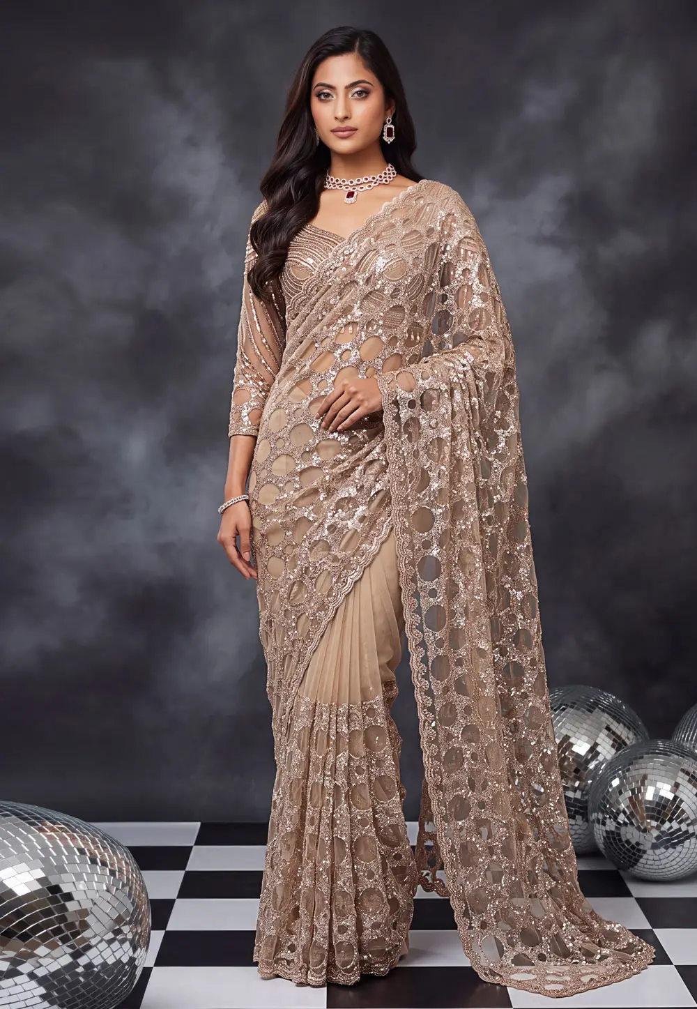 Beige Net Sequence Saree 336669