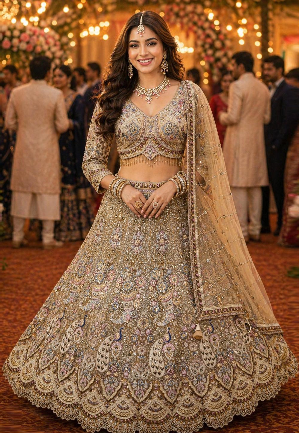 Beige Net Wedding Lehenga Choli 328529
