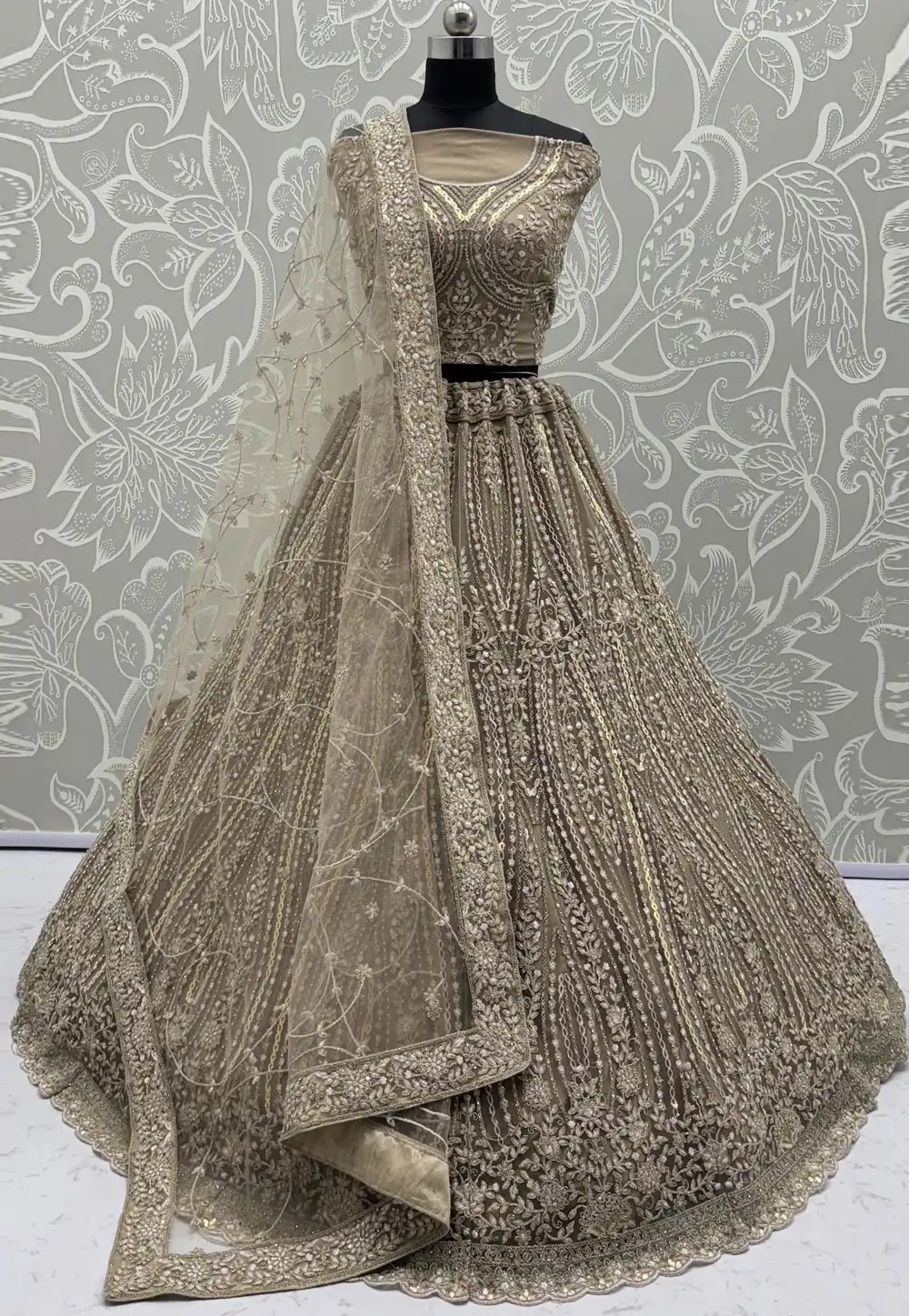Beige Net Wedding Lehenga Choli 317065