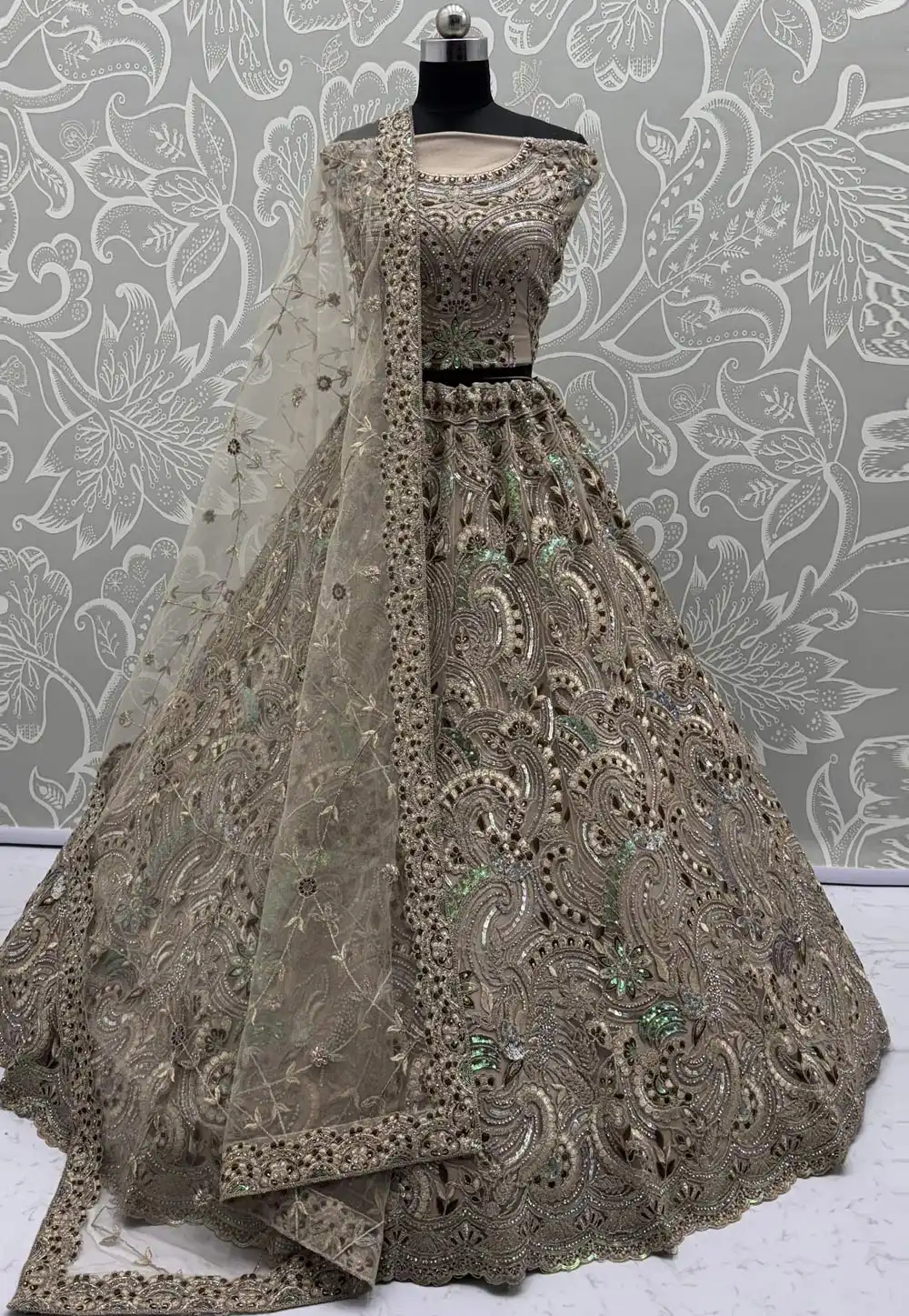 Beige Net Wedding Lehenga Choli 317075