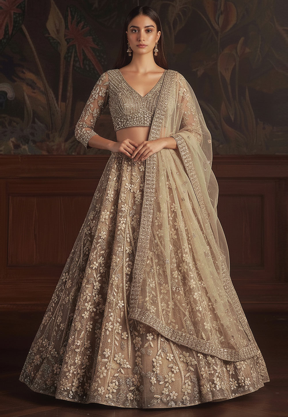 Beige Net Wedding Lehenga Choli 319260