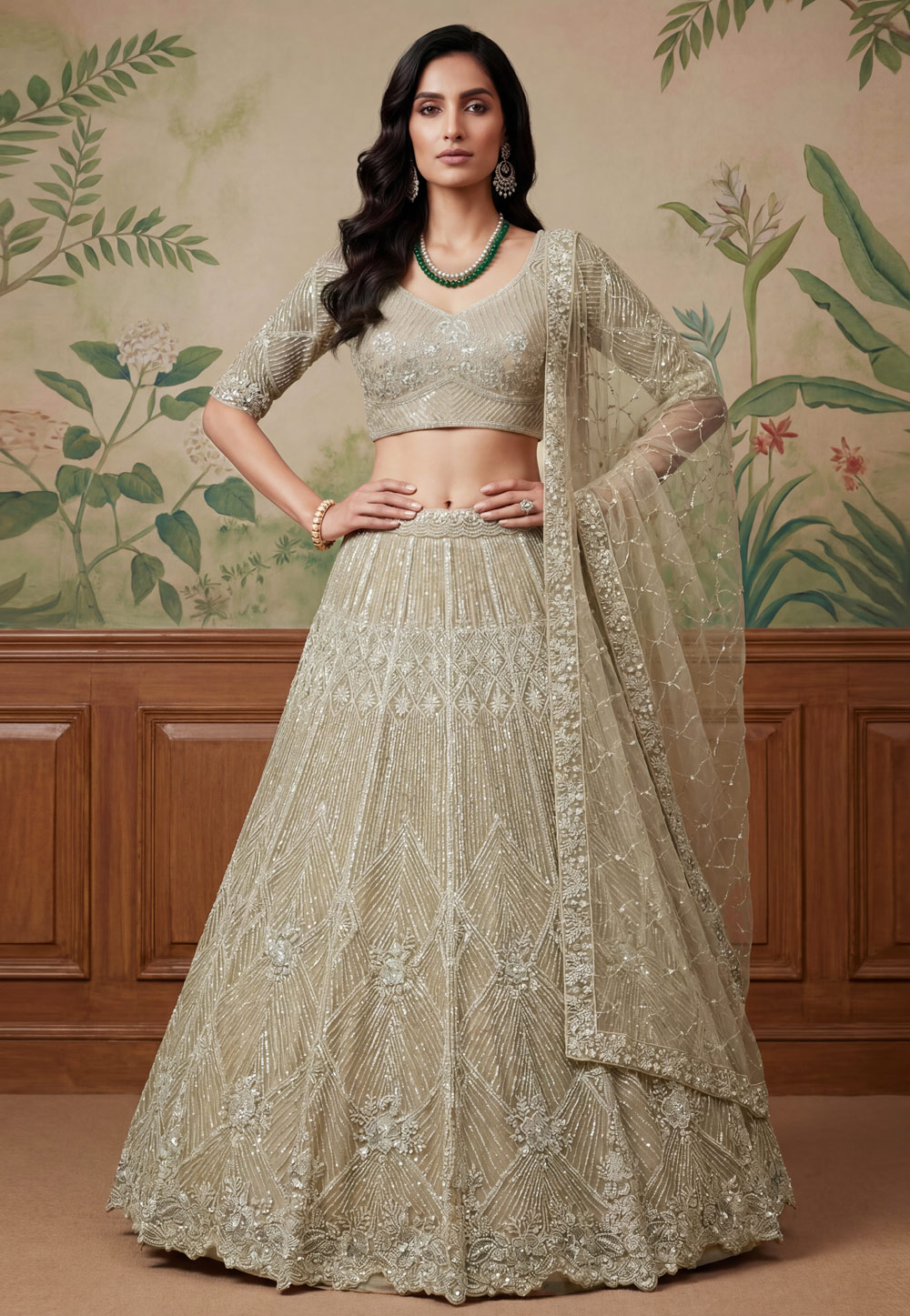 Beige Net Wedding Lehenga Choli 323004