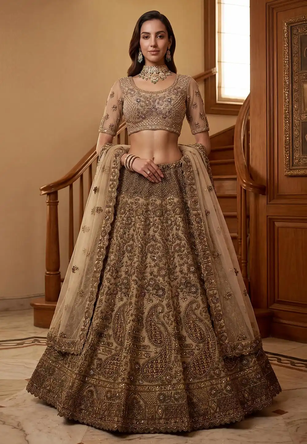 Beige Net Wedding Lehenga Choli 326305