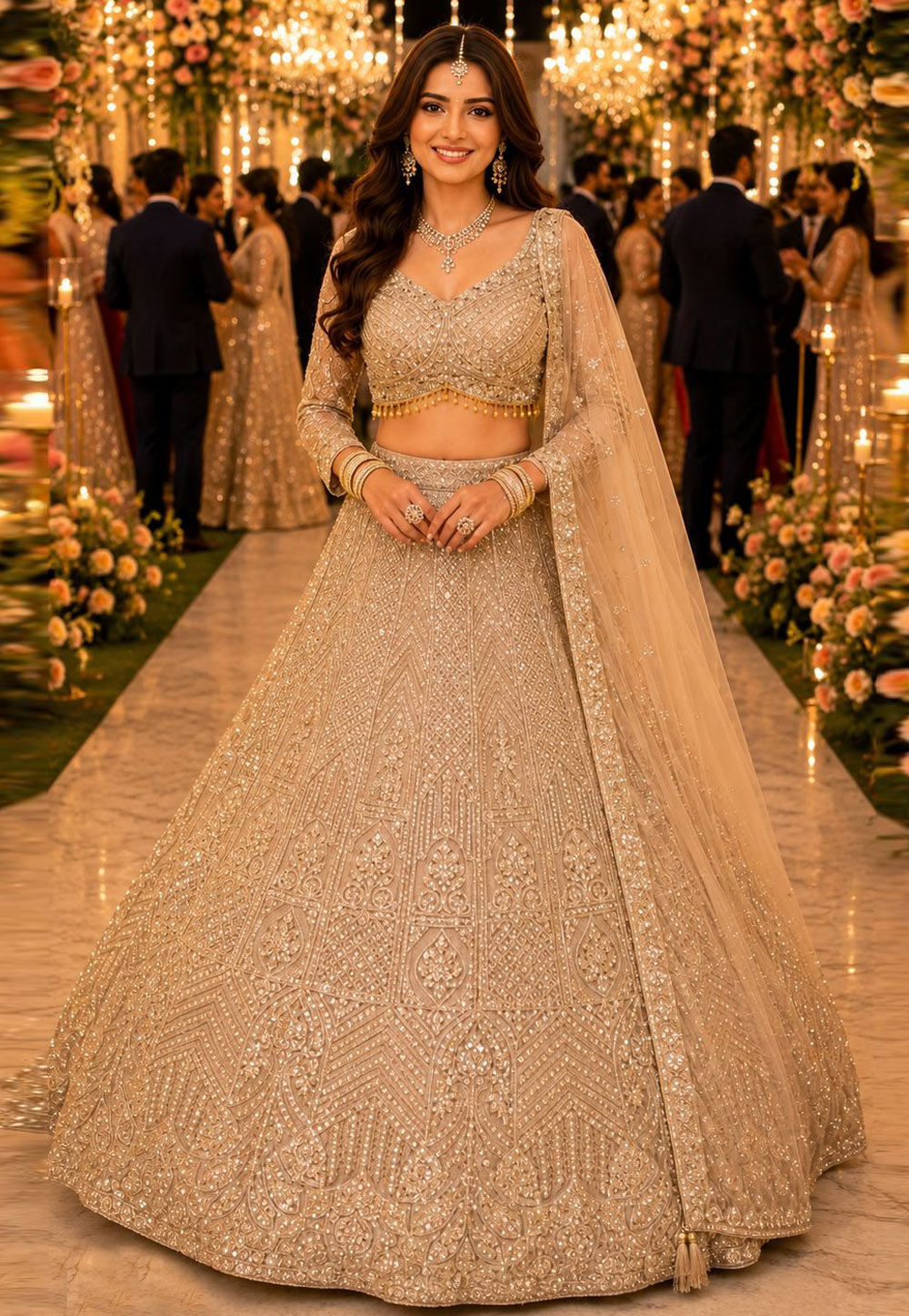 Beige Net Wedding Lehenga Choli 330141