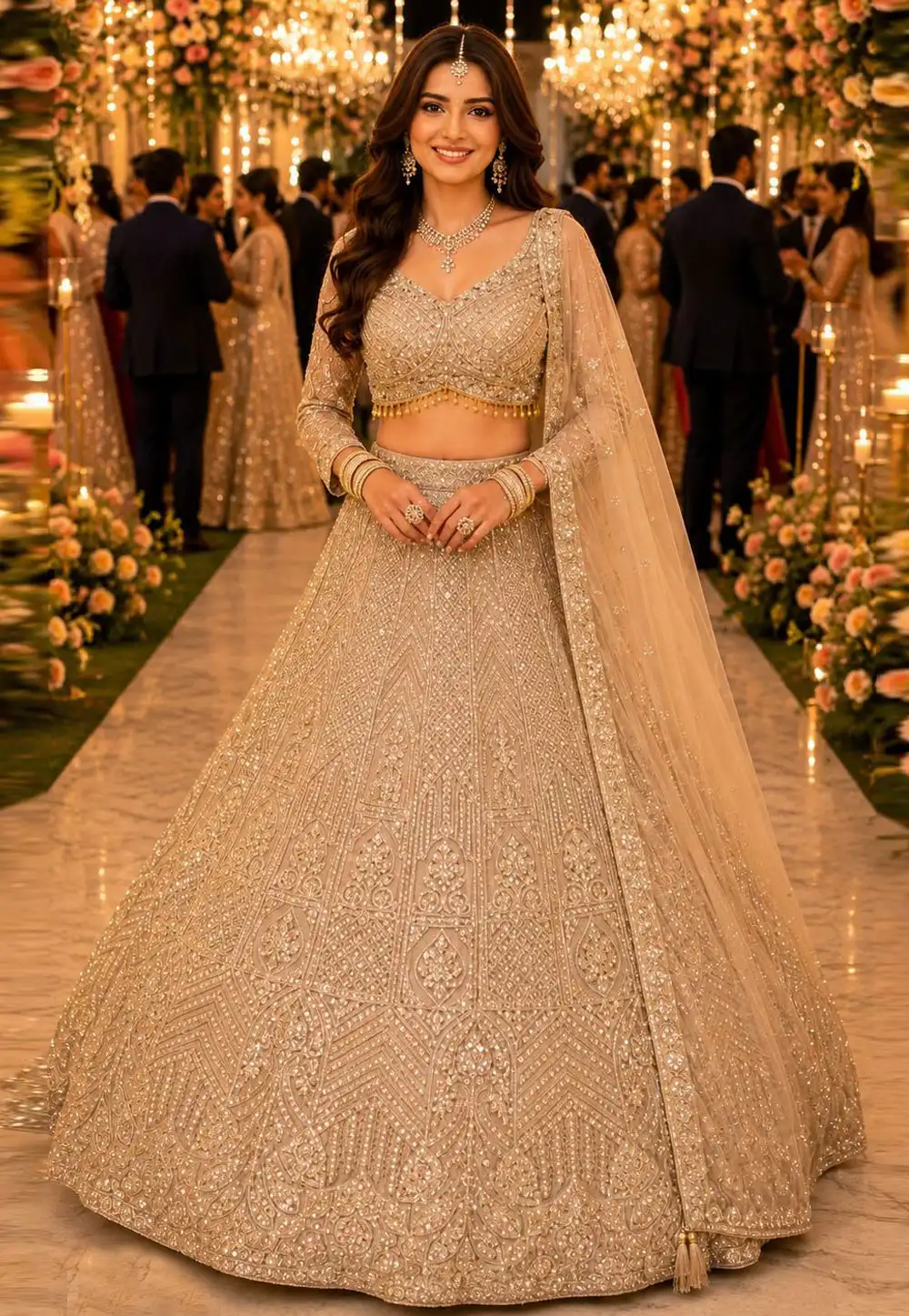 Beige Net Wedding Lehenga Choli 330141