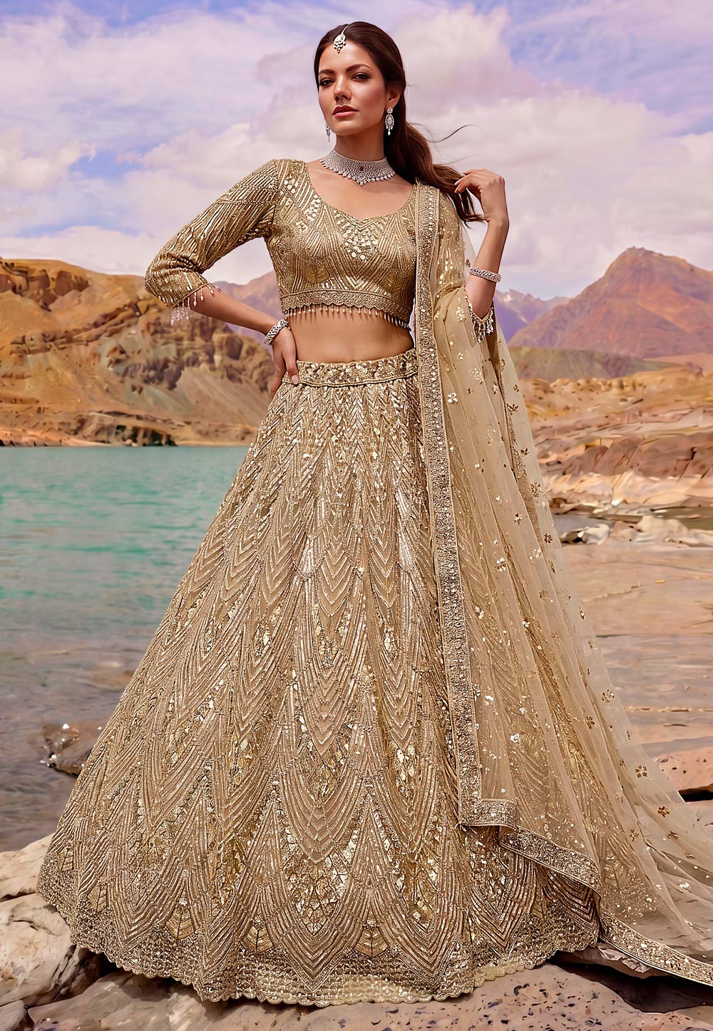 Beige Net Wedding Lehenga Choli 328986