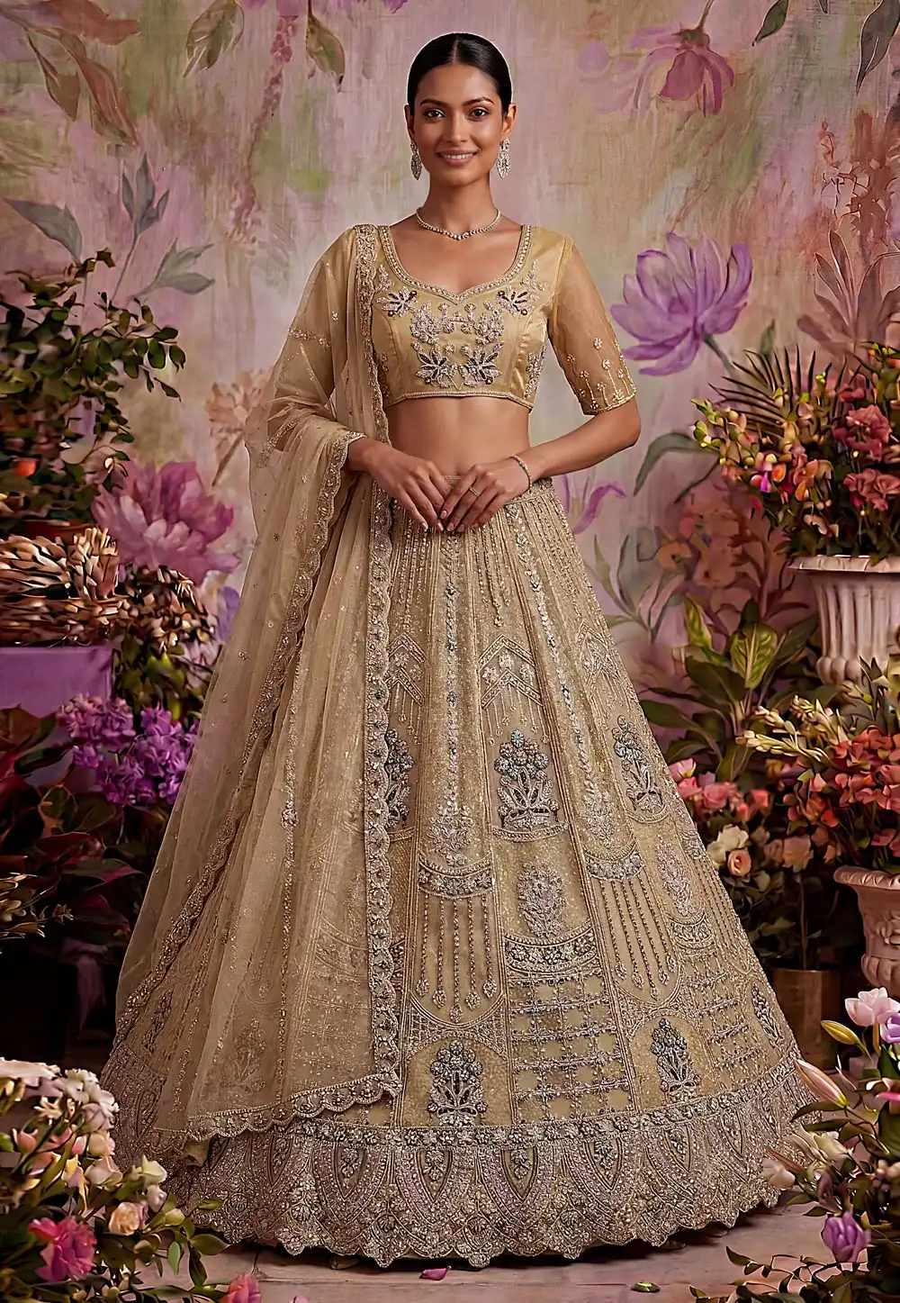 Beige Net Wedding Lehenga Choli 330161