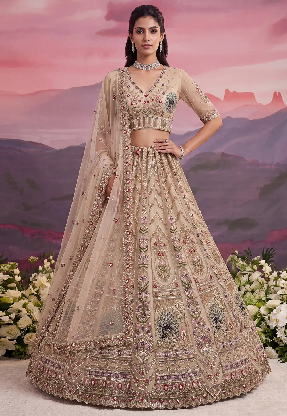 Beige Net Wedding Lehenga Choli 336106