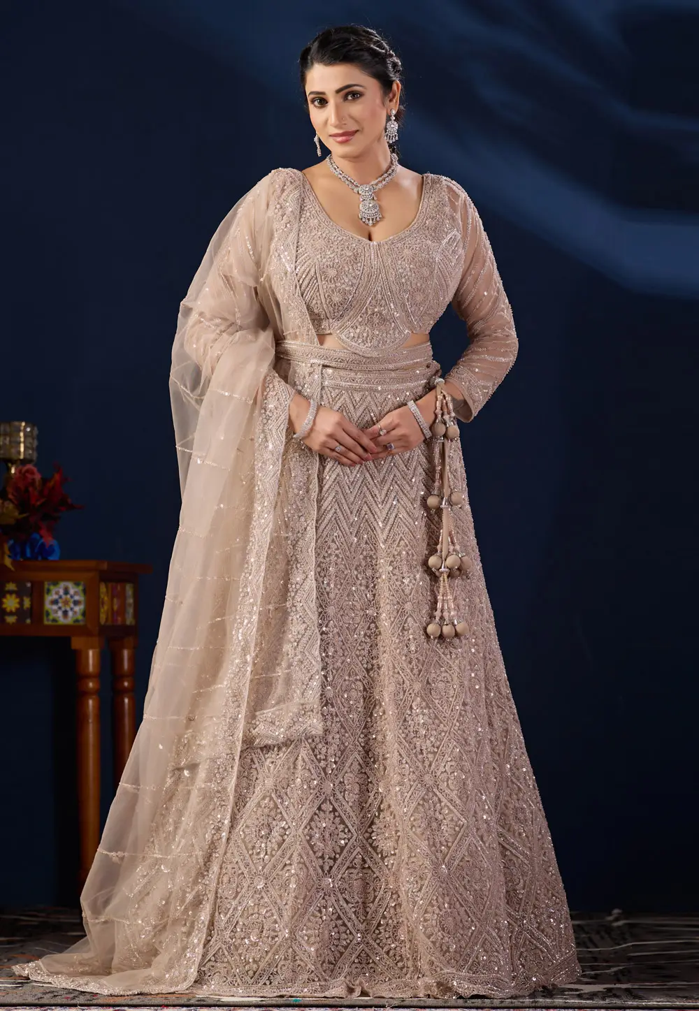 Beige Net Wedding Lehenga Choli 336393