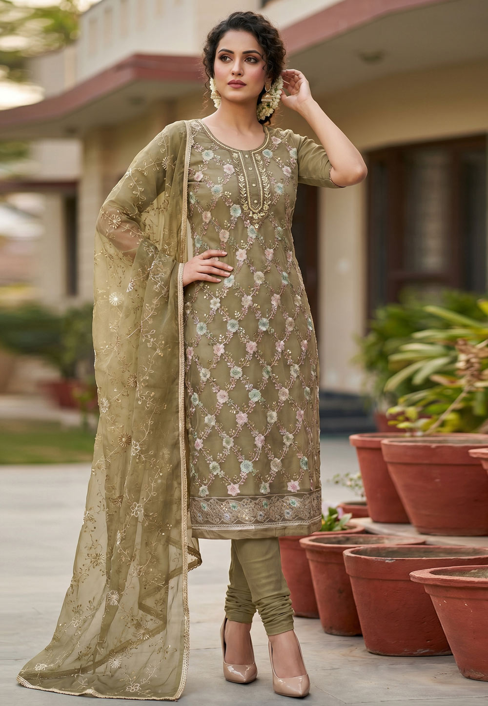 Beige Organza Churidar Suit 327700