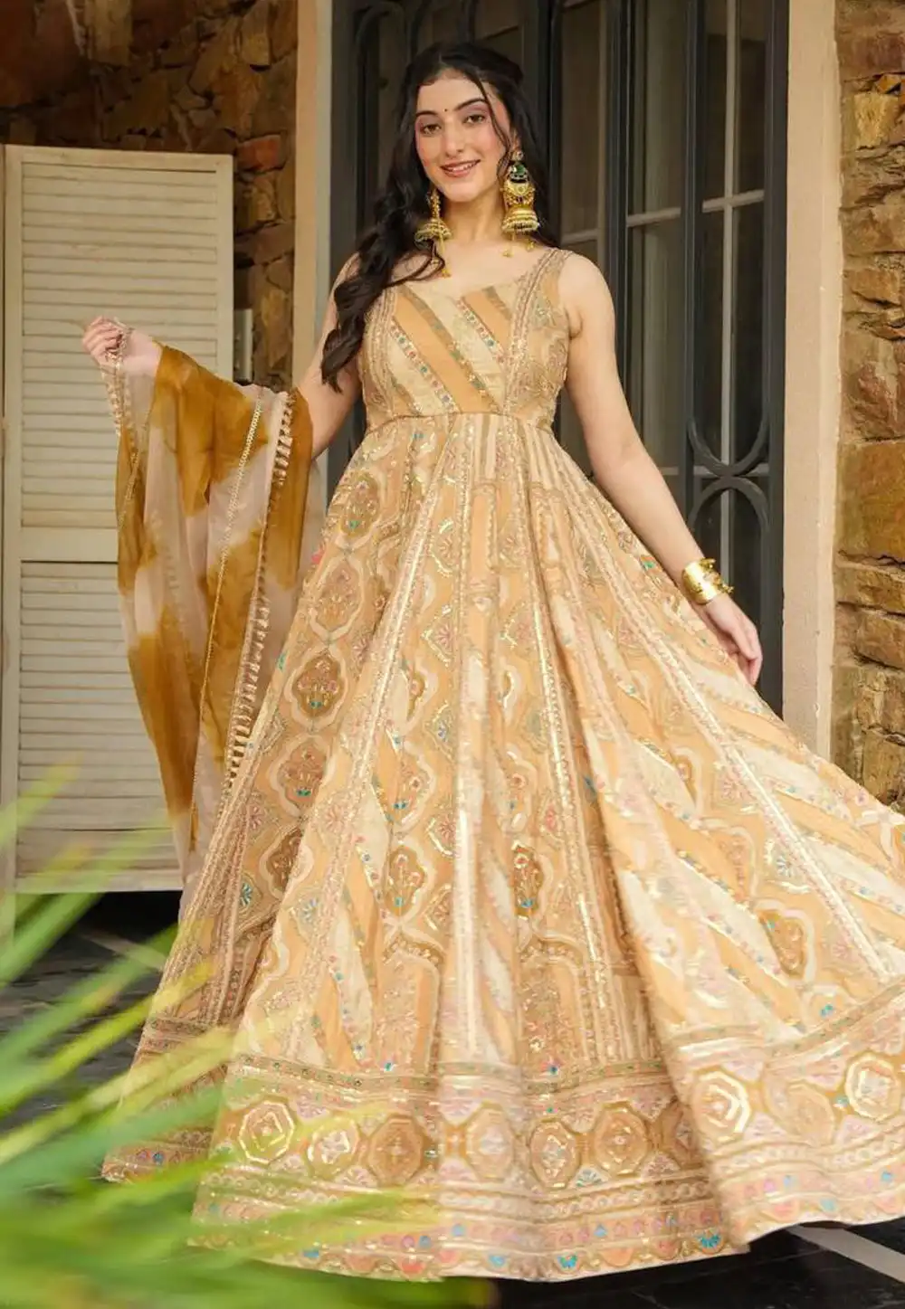 Beige Organza Readymade Anarkali Suit 314688
