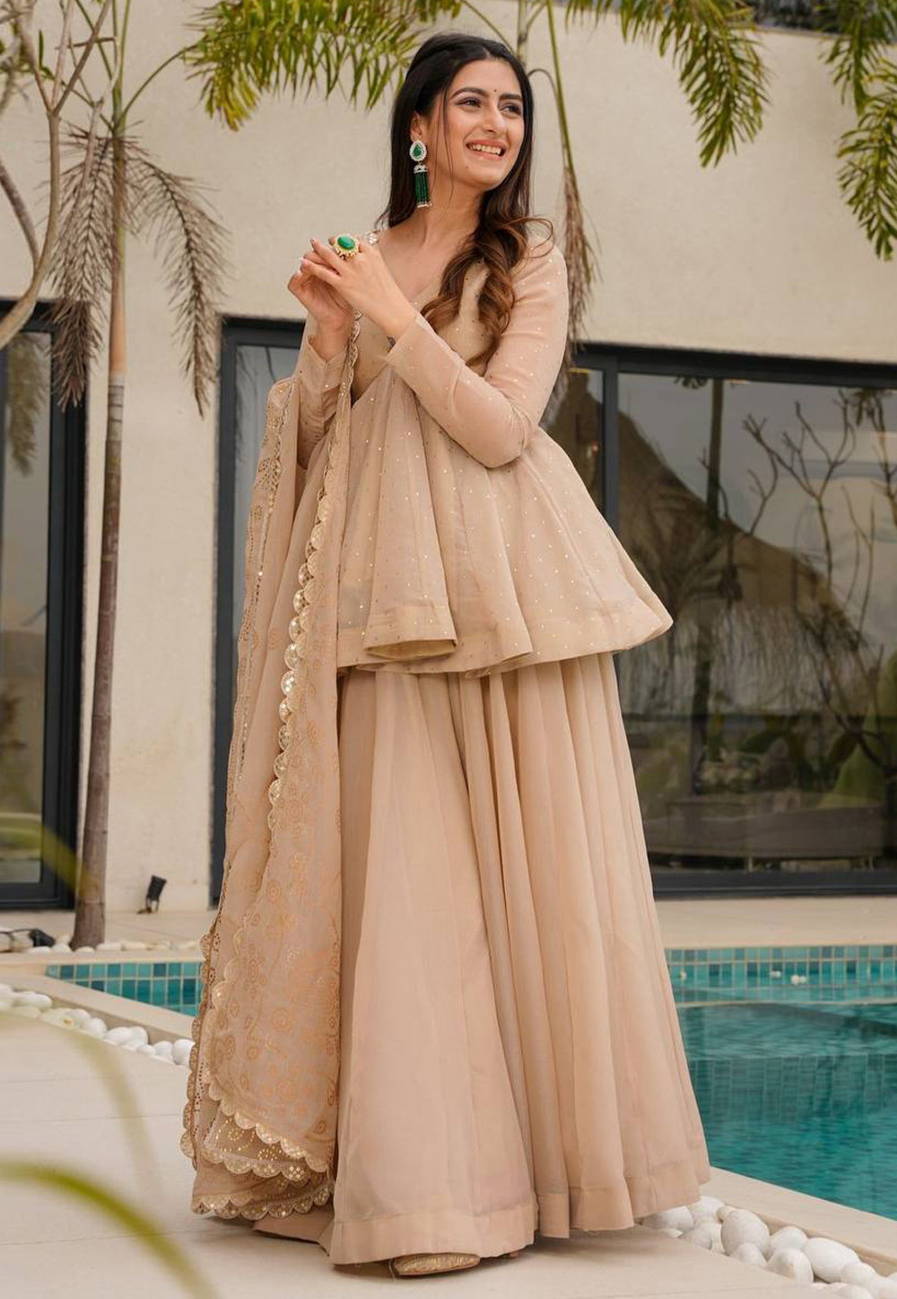 Beige Organza Readymade Gharara Suit 321162