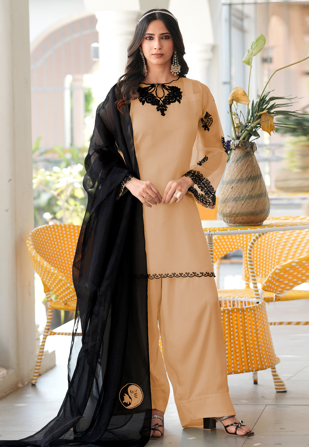 Beige Organza Readymade Pakistani Suit 325043
