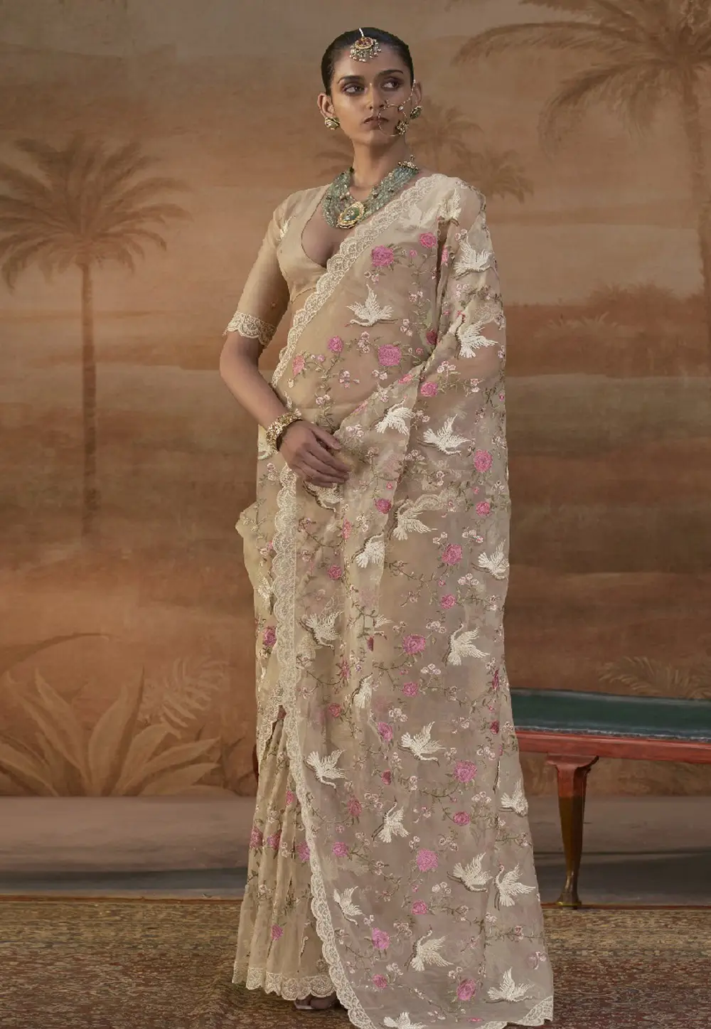 Beige Organza Saree With Blouse 334357