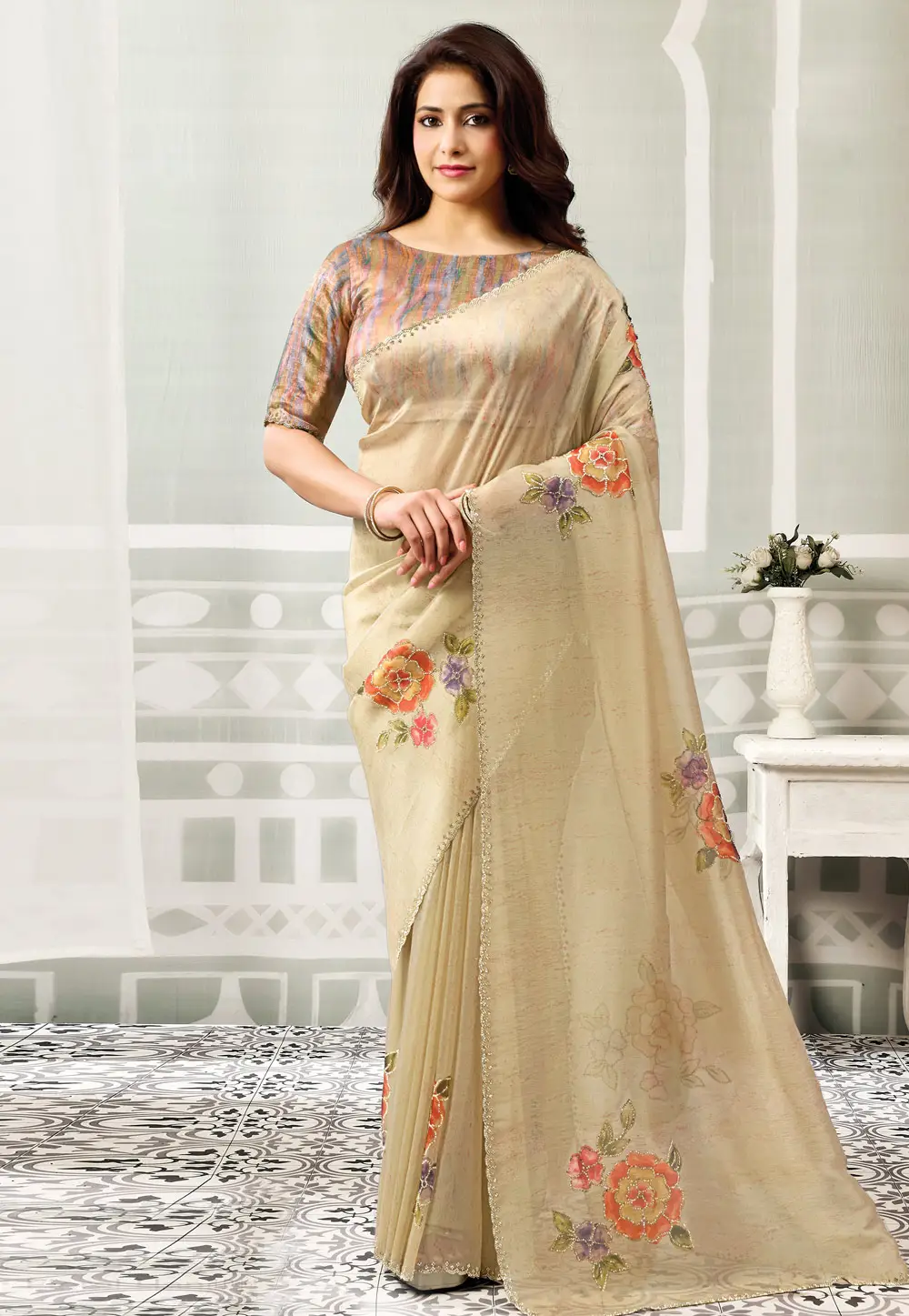 Beige Organza Saree With Blouse 334396