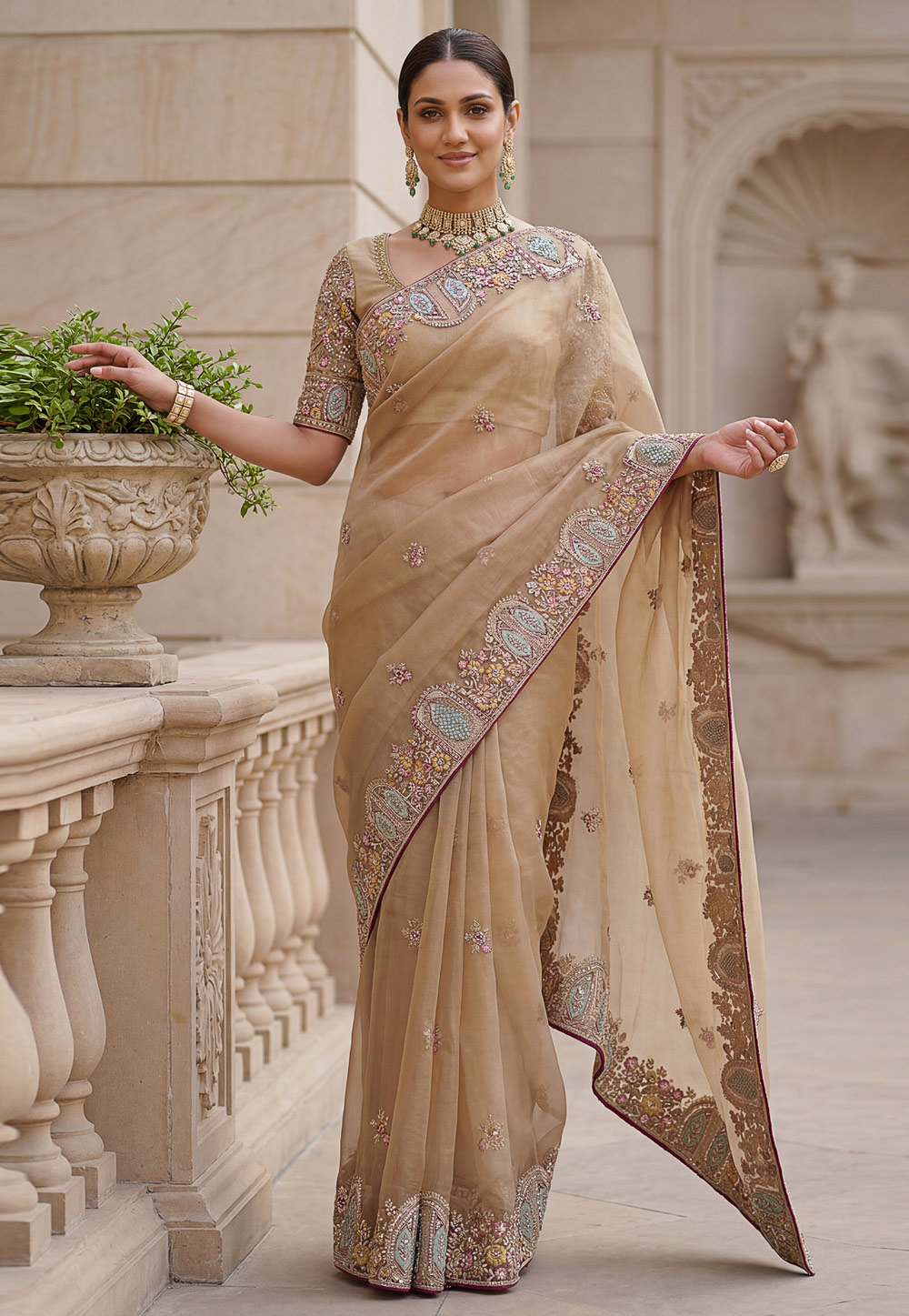 Beige Organza Saree With Blouse 328846