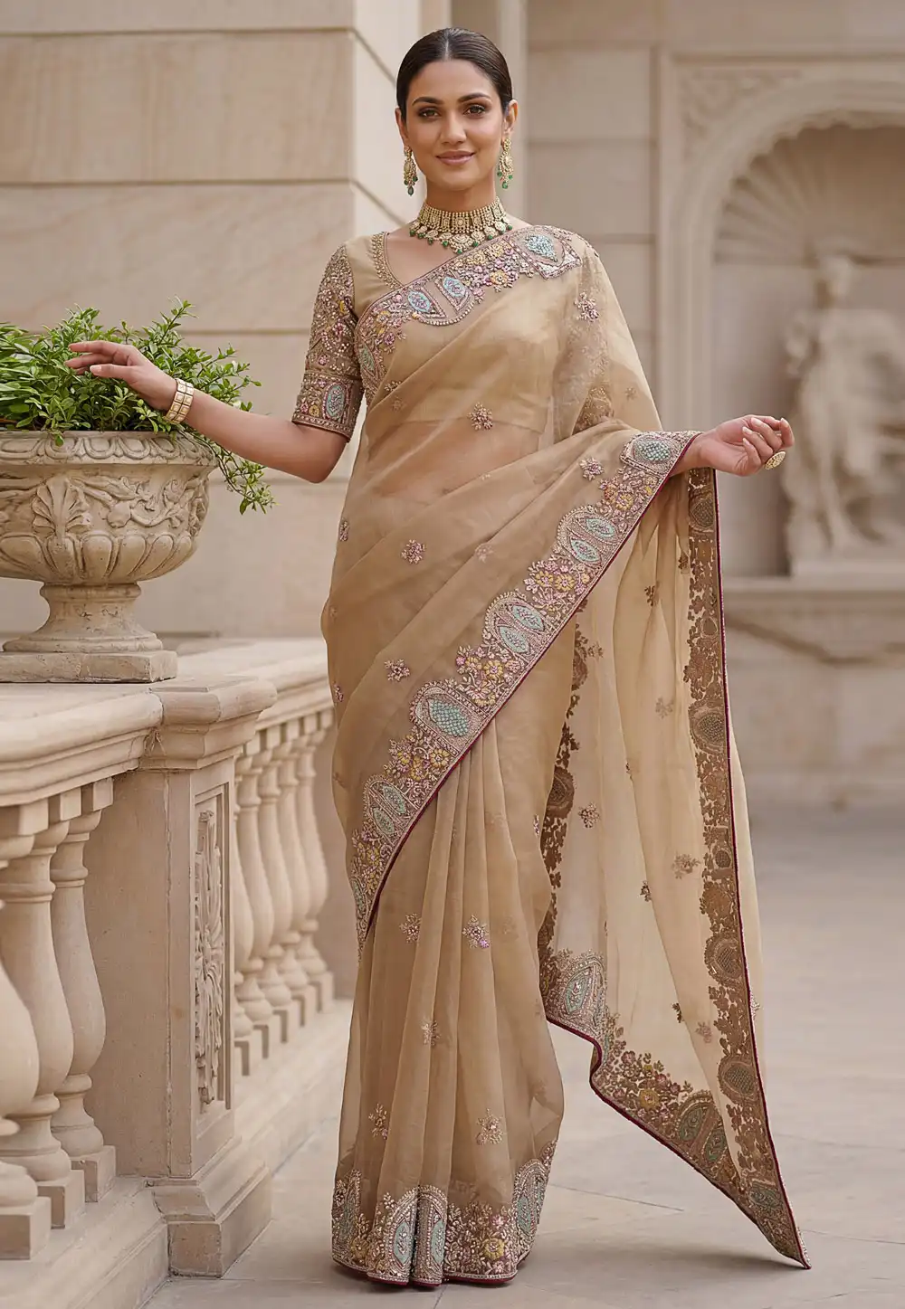 Beige Organza Saree With Blouse 328846
