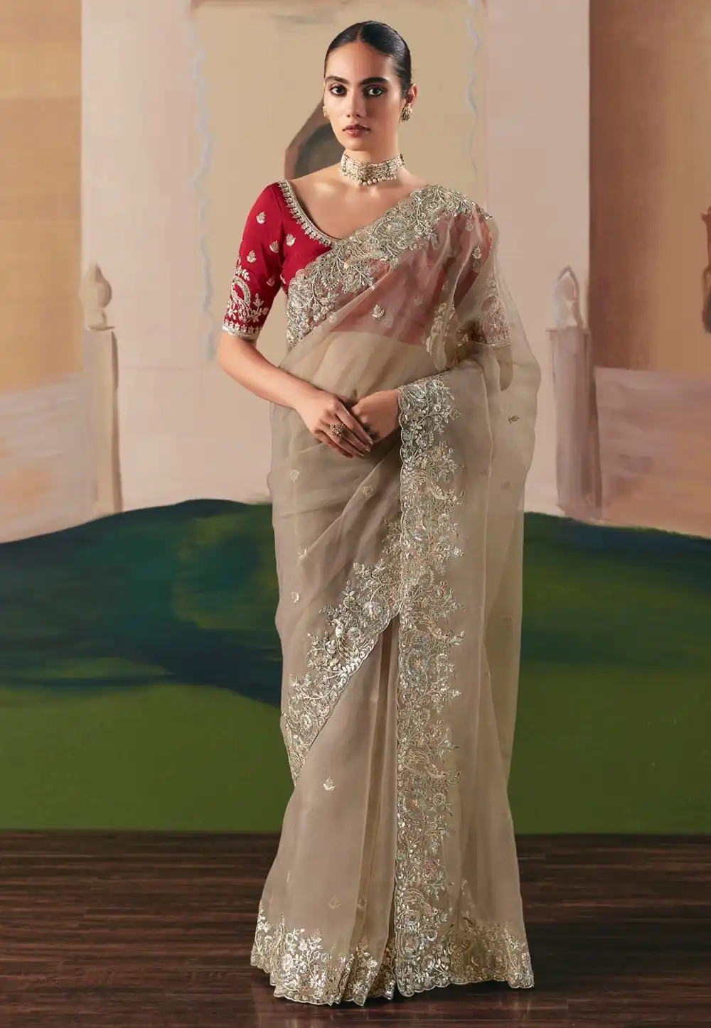 Beige Organza Saree With Blouse 318354