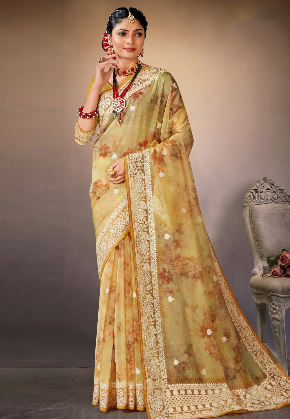 Beige Organza Saree With Blouse 278750