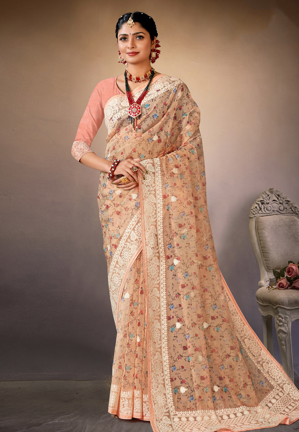 Beige Organza Saree With Blouse 278754